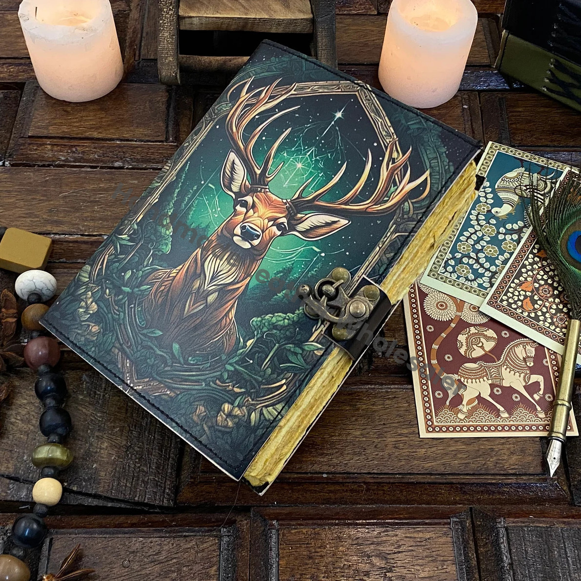 Vintage leather Journal Deer printed Journal Blank spell Book of Shadows Handmade Leather Journal Grimoire Journal with Deckle Edge Paper