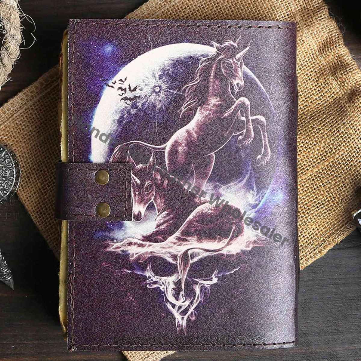 Vintage Leather Journal: Double Horse Print, Handmade Paper