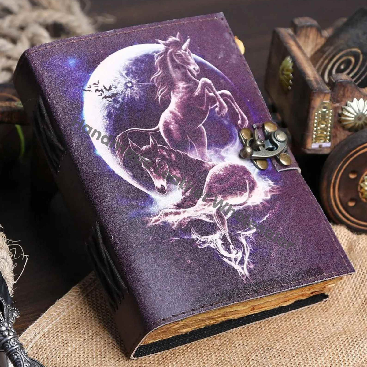 Vintage Leather Journal: Double Horse Print, Handmade Paper