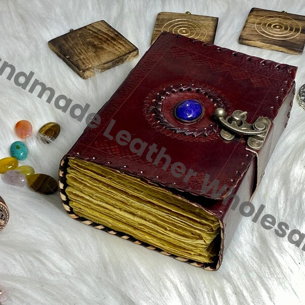 Vintage Leather Journal: Lapis Lazuli Stone, Antique Deckle Edge Paper