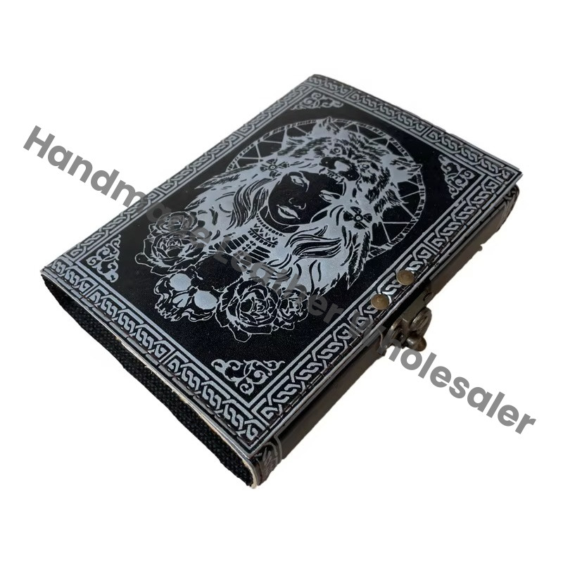 Vintage Leather Journal Sketchbook Drawing Old Book of Shadows Blank Notebook Grimoire Women Face Lock Closer Writing Journal