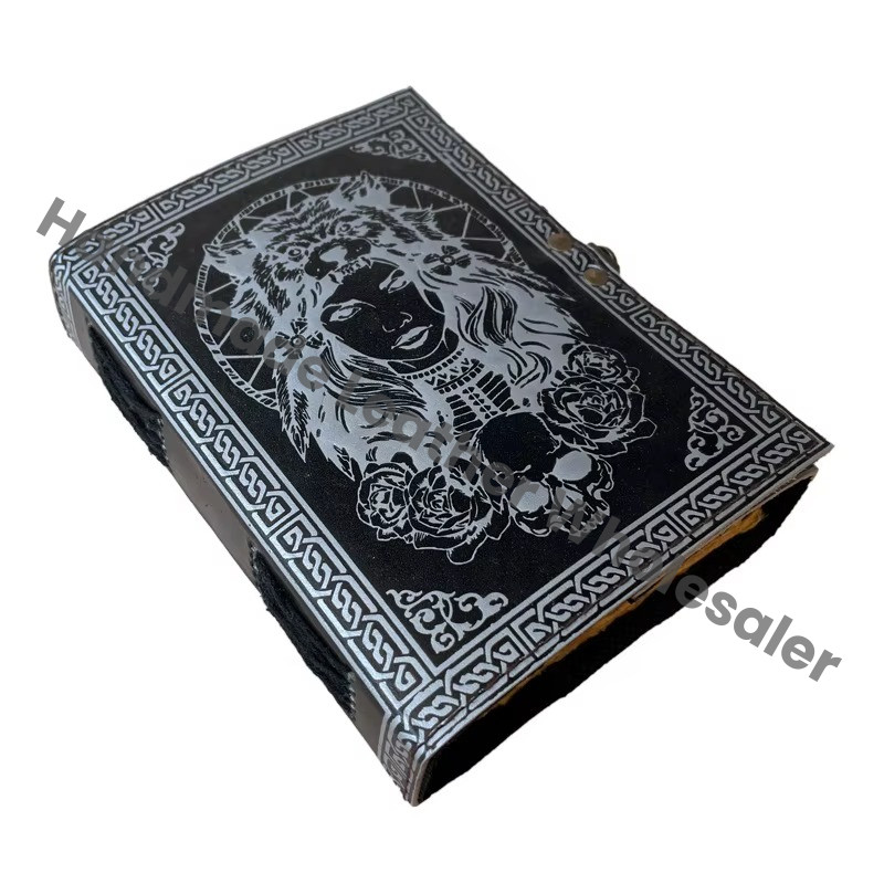 Vintage Leather Journal Sketchbook Drawing Old Book of Shadows Blank Notebook Grimoire Women Face Lock Closer Writing Journal