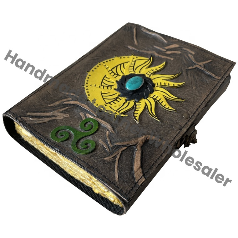 Vintage Leather Journal Sun Moon Stone Antique Handmade Deckle Edge Paper Yellow Charcoal Embossed Sketchbook Gift Custom Logo