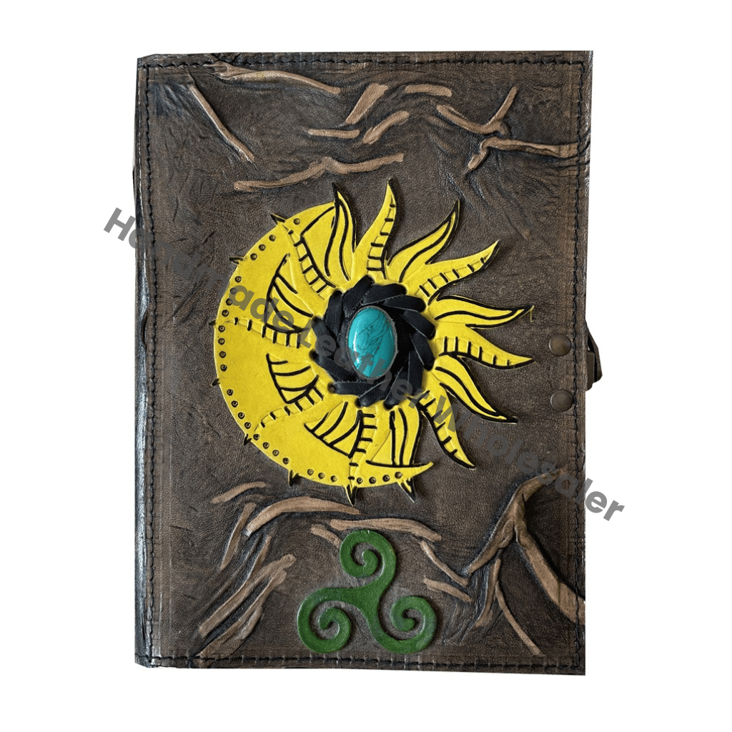Vintage Leather Journal Sun Moon Stone Antique Handmade Deckle Edge Paper Yellow Charcoal Embossed Sketchbook Gift Custom Logo