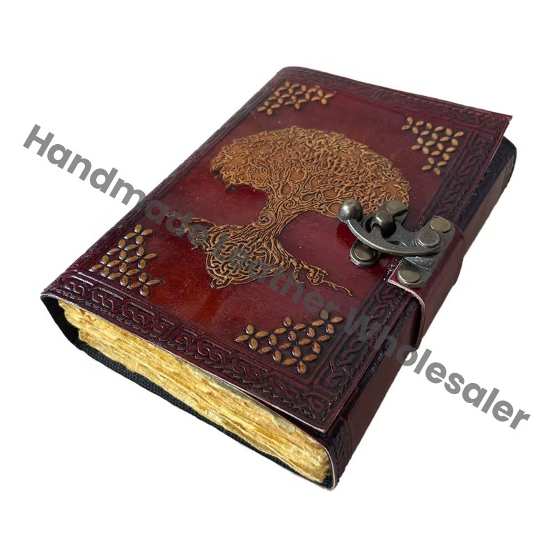 Vintage Leather Journal Tree Life Yellow Genuine Cover Case Inner Deckle Pages Spiral Binding Gift Travel Happy Stationery