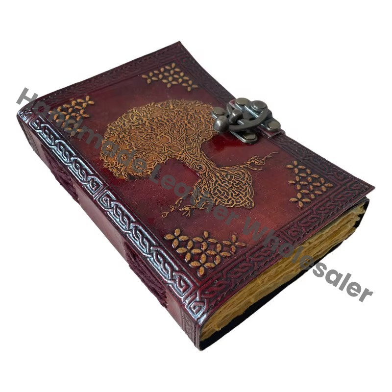 Vintage Leather Journal Tree Life Yellow Genuine Cover Case Inner Deckle Pages Spiral Binding Gift Travel Happy Stationery