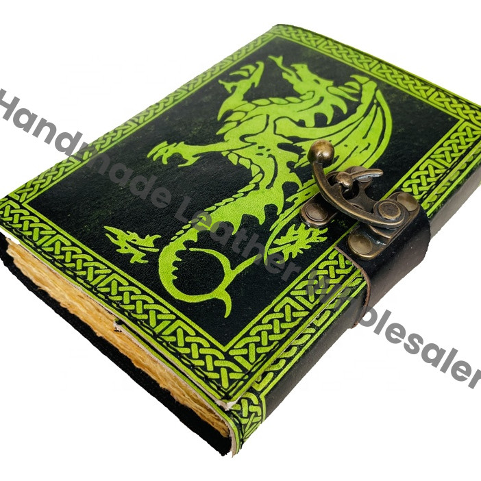 Vintage Leather Journal Women Dragon Large Book of Shadows Sketchbook Deckle Old Pages Black With Green Classic Planner Diary