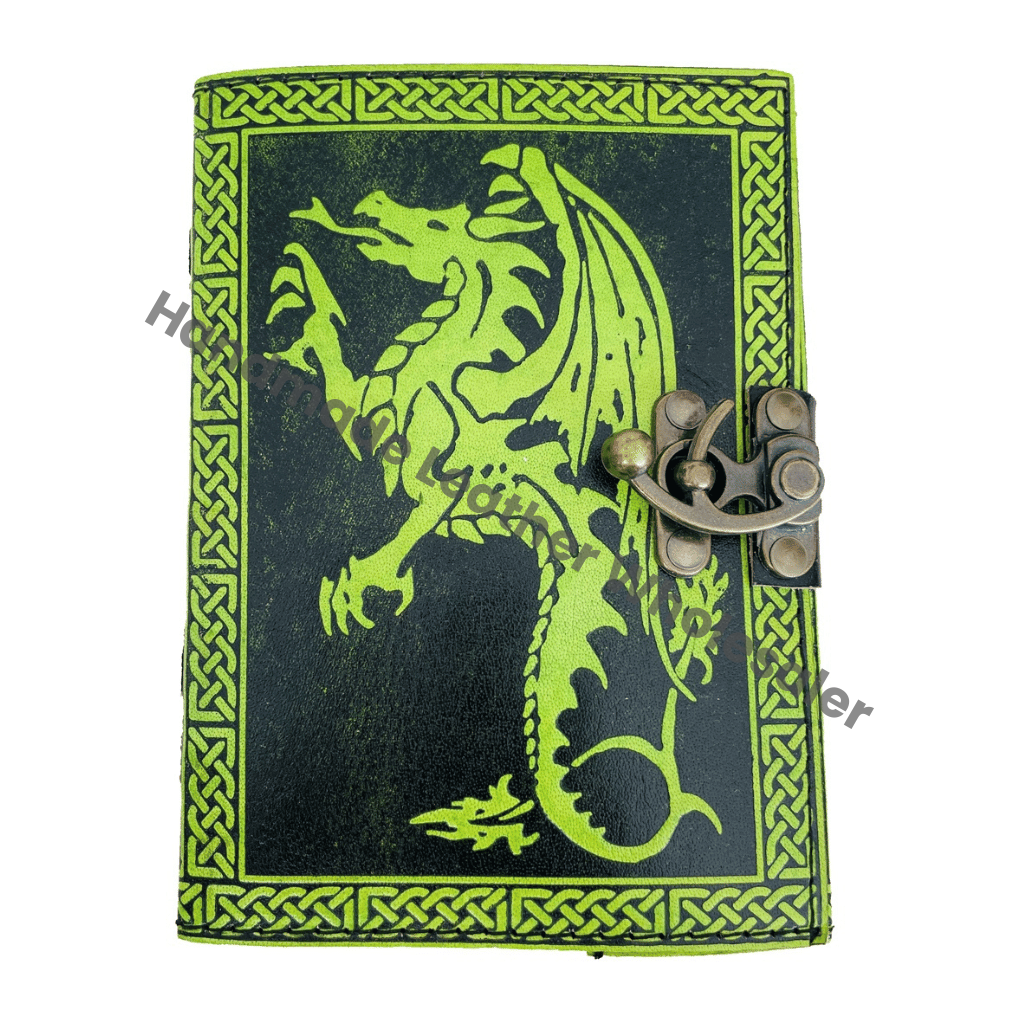 Vintage Leather Journal Women Dragon Large Book of Shadows Sketchbook Deckle Old Pages Black With Green Classic Planner Diary