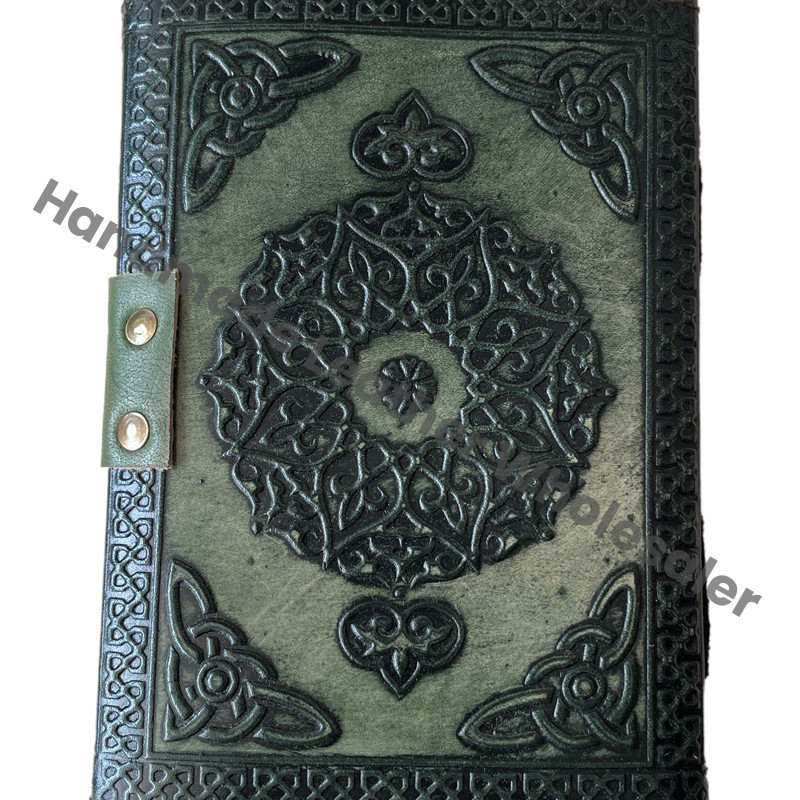 Vintage Lion Embossed Leather Journal Sketchbook Book of Charmed Spell Antique Handmade Deckle Edge Paper Lion Charcoal Green Embossed