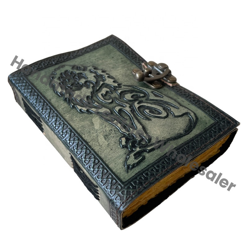 Vintage Lion Embossed Leather Journal Sketchbook Book of Charmed Spell Antique Handmade Deckle Edge Paper Lion Charcoal Green Embossed