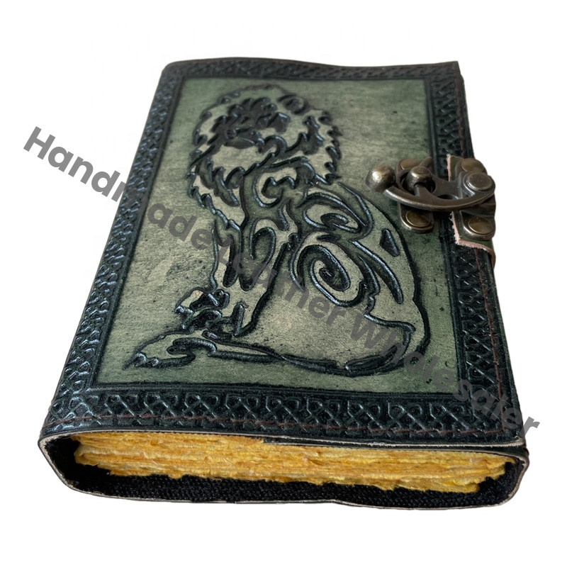 Vintage Lion Embossed Leather Journal Sketchbook Book of Charmed Spell Antique Handmade Deckle Edge Paper Lion Charcoal Green Embossed