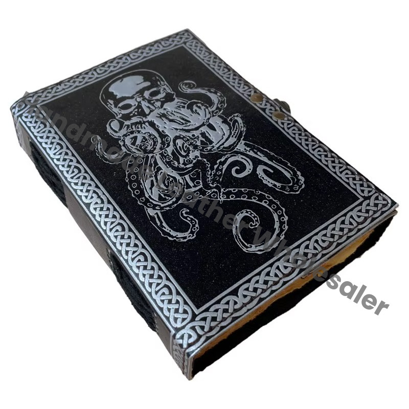 Vintage Octopus Leather Journal Thermal Binding Deckle Edge Paper Women's Planner Travel Journal Black Silver Gift