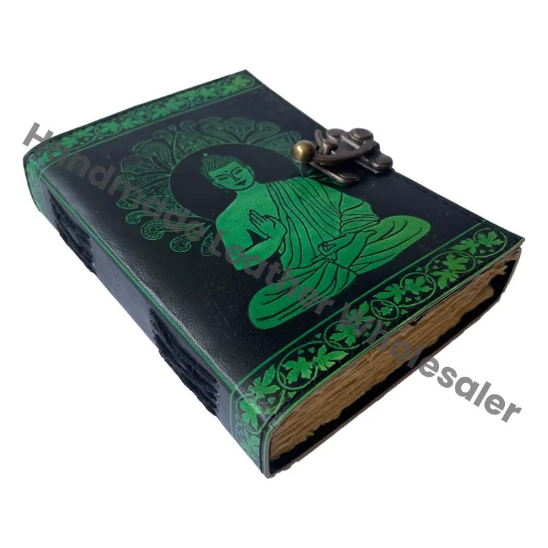 Vintage Planner Sketchbook Leather Journal Antique Book Spell Charmed Handmade Deckle Edge Paper Black Green Thermal Gift
