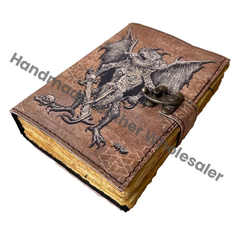 Vintage Printed Leather Journal Men Women Eco-friendly Custom Logo Antique Handmade Deckle Edge Paper Sketchbook