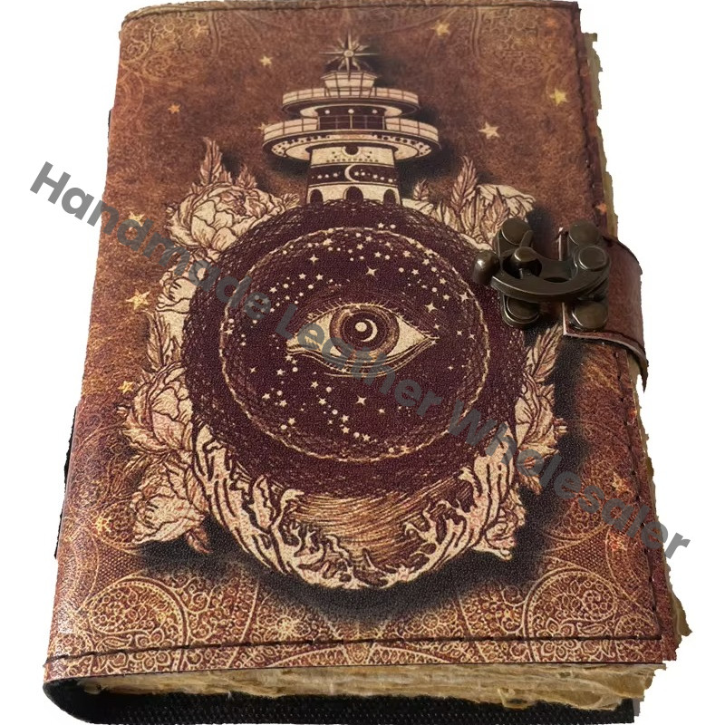 Vintage Printed Leather Journal Men Women Spiral Binding Handmade Deckle Edge Eco-friendly Paper Sketchbook Gift
