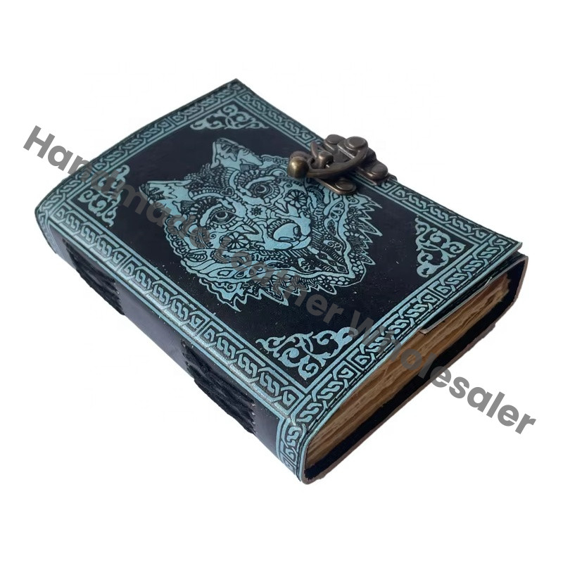 Vintage Sketchbook Antique Book of Shadows Charmed Wolf Face Celtic Leather Handmade Deckle Edge Paper Embossed Notebook Diary