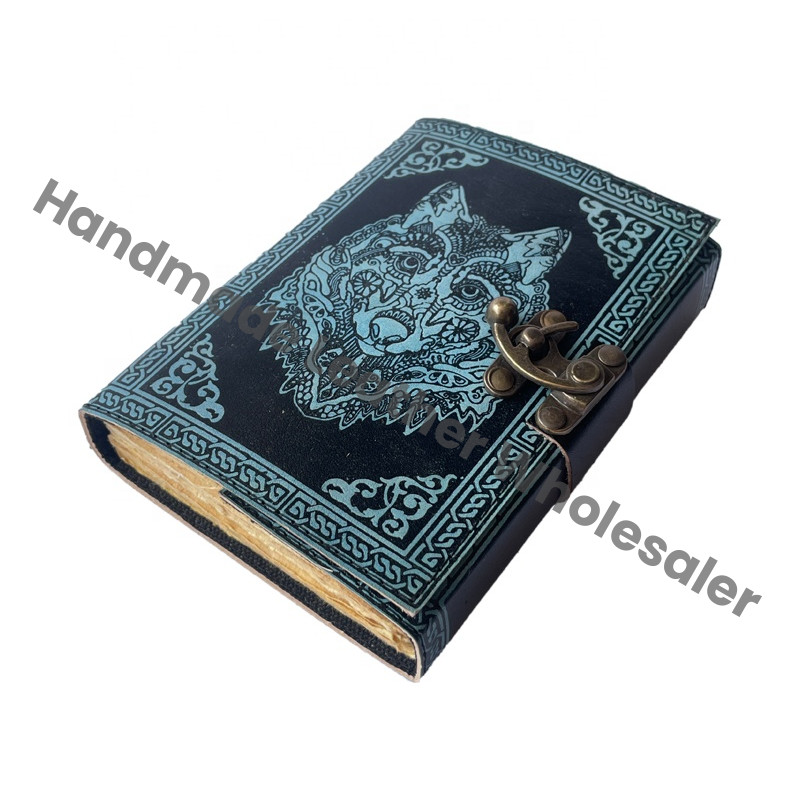 Vintage Sketchbook Antique Book of Shadows Charmed Wolf Face Celtic Leather Handmade Deckle Edge Paper Embossed Notebook Diary