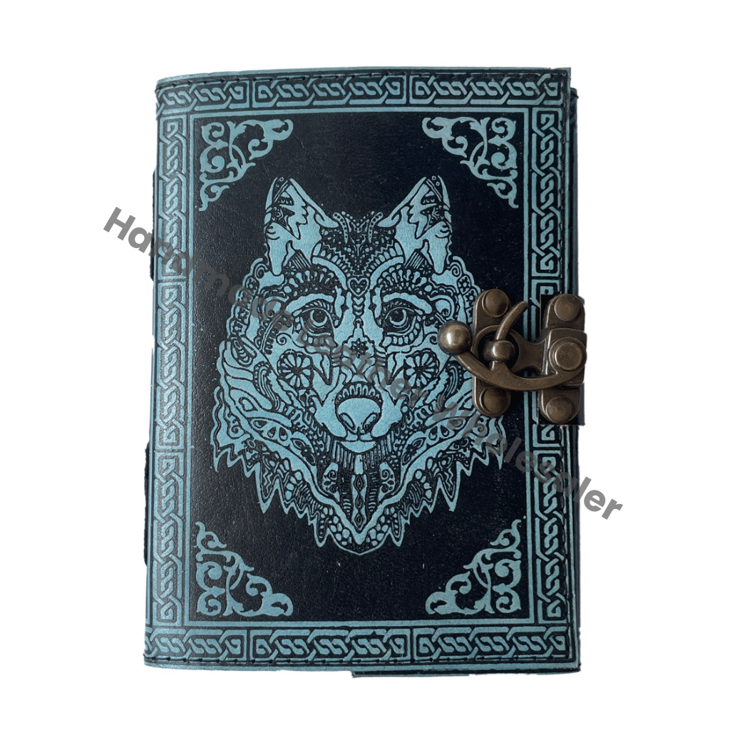 Vintage Sketchbook Antique Book of Shadows Charmed Wolf Face Celtic Leather Handmade Deckle Edge Paper Embossed Notebook Diary