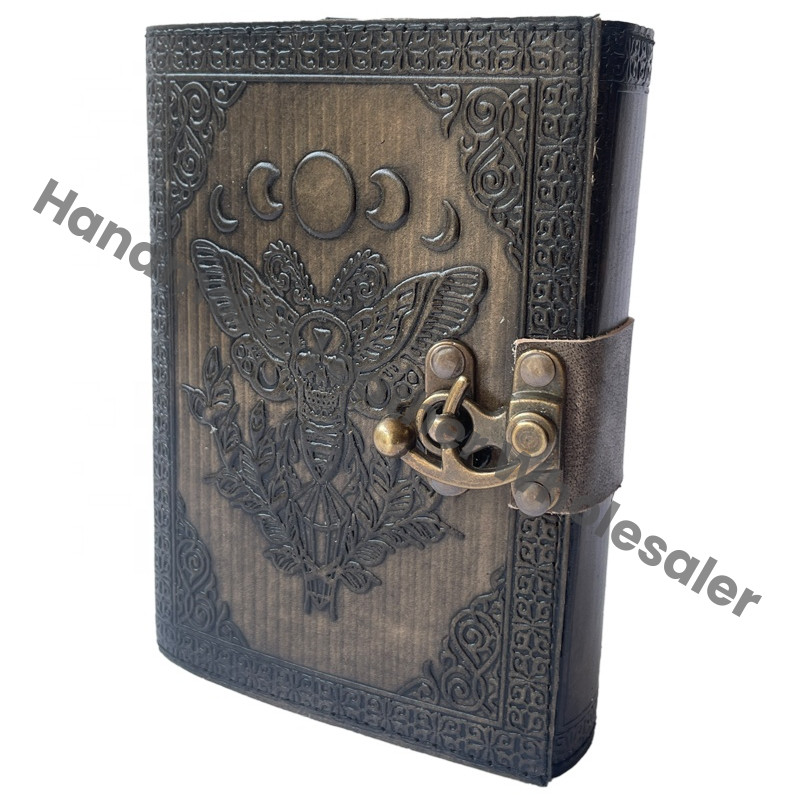 Vintage Sun Moon Leather Journals Embossed Antique Book of Spell Charmed Moth Handmade Deckle Paper Charcoal Sketchbook Planner