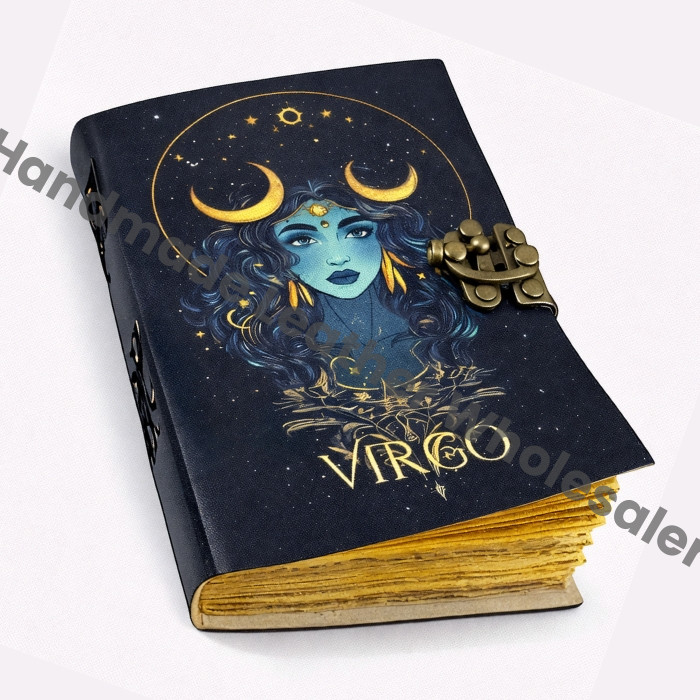 Virgo Zodiac Leather Journal | Handmade Astrology Notebook with Celestial Goddess & Moon Phases | Spellbook of Shadows, Grimoire, Sketchbook