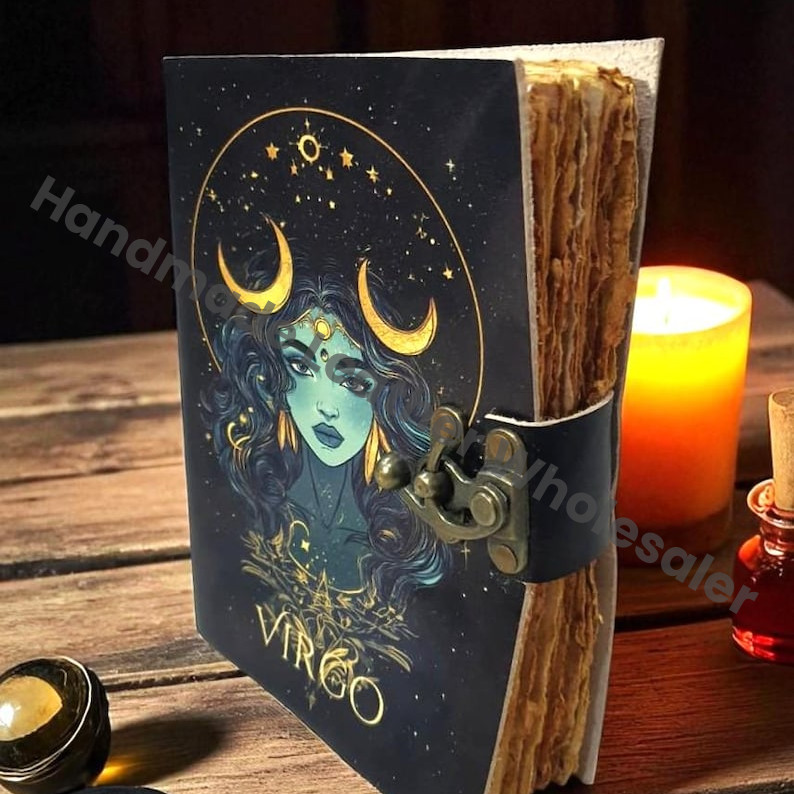 Virgo Zodiac Leather Journal | Handmade Astrology Notebook with Celestial Goddess & Moon Phases | Spellbook of Shadows, Grimoire, Sketchbook