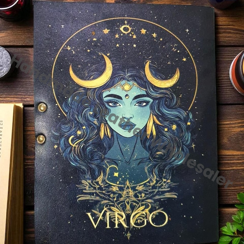 Virgo Zodiac Leather Journal | Handmade Astrology Notebook with Celestial Goddess & Moon Phases | Spellbook of Shadows, Grimoire, Sketchbook