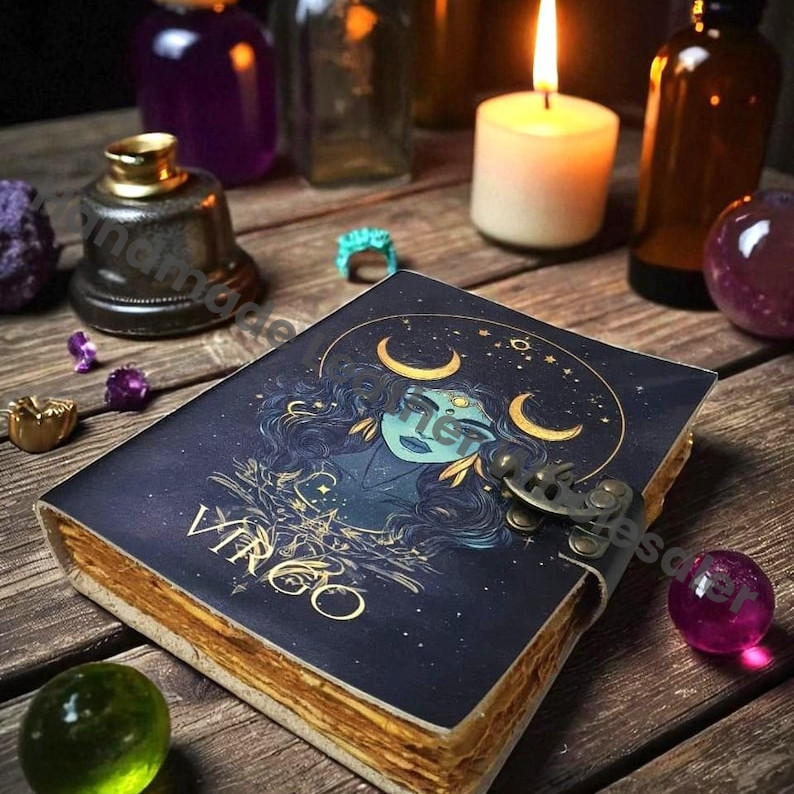 Virgo Zodiac Leather Journal | Handmade Astrology Notebook with Celestial Goddess & Moon Phases | Spellbook of Shadows, Grimoire, Sketchbook