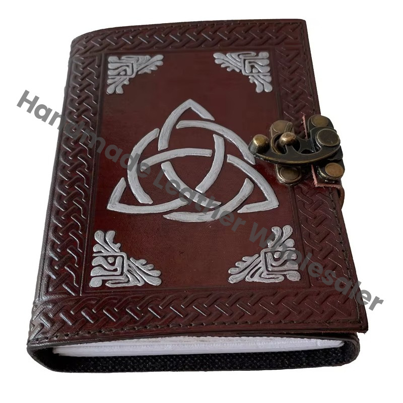 Wholesaler Triquetra Design Embossed Double Color Leather Hard Notebook Tobacco Color Handmade Unlined Ruled Eco-friendly Paper