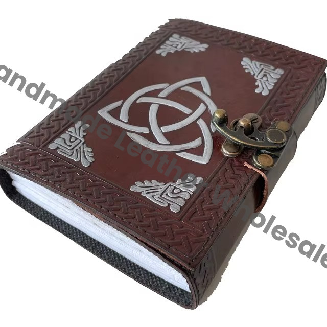 Wholesaler Triquetra Design Embossed Double Color Leather Hard Notebook Tobacco Color Handmade Unlined Ruled Eco-friendly Paper