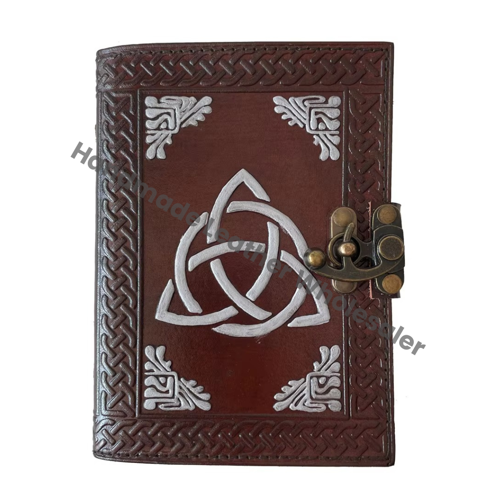 Wholesaler Triquetra Design Embossed Double Color Leather Hard Notebook Tobacco Color Handmade Unlined Ruled Eco-friendly Paper