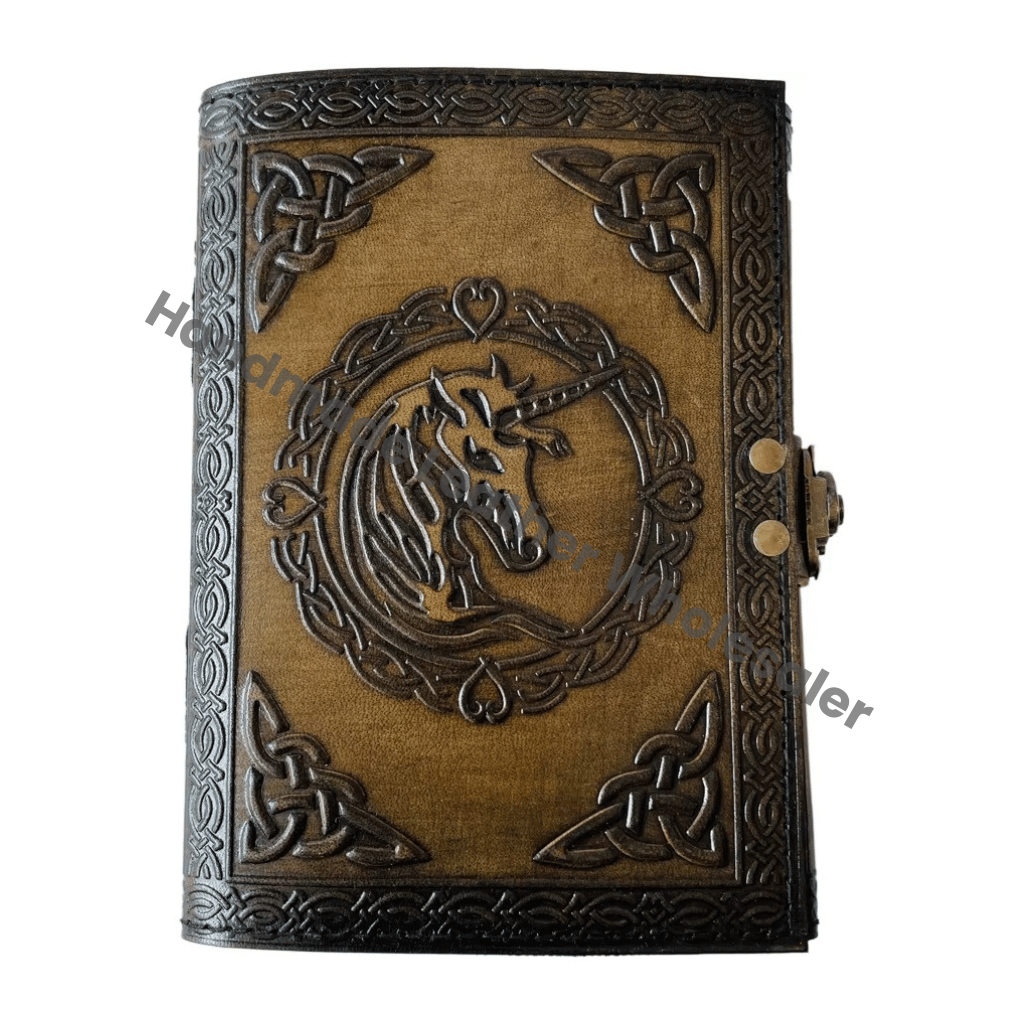 Wholesaler Unicorn Celtic Wiccan Journals for Writing Vintage Book of Spells Prop Charcoal Deckle Art Paper Bound Planner