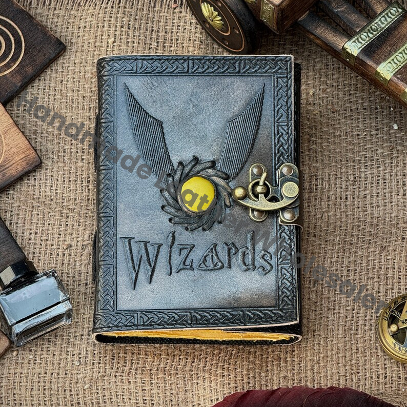 Wizards Leather Journal with Yellow Stone & Flying Key, Book of Shadows