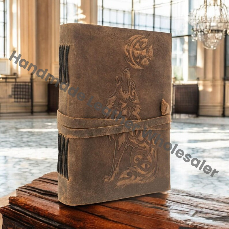 Wolf Embossed Leather Journal, Handmade Deckle Edge Paper