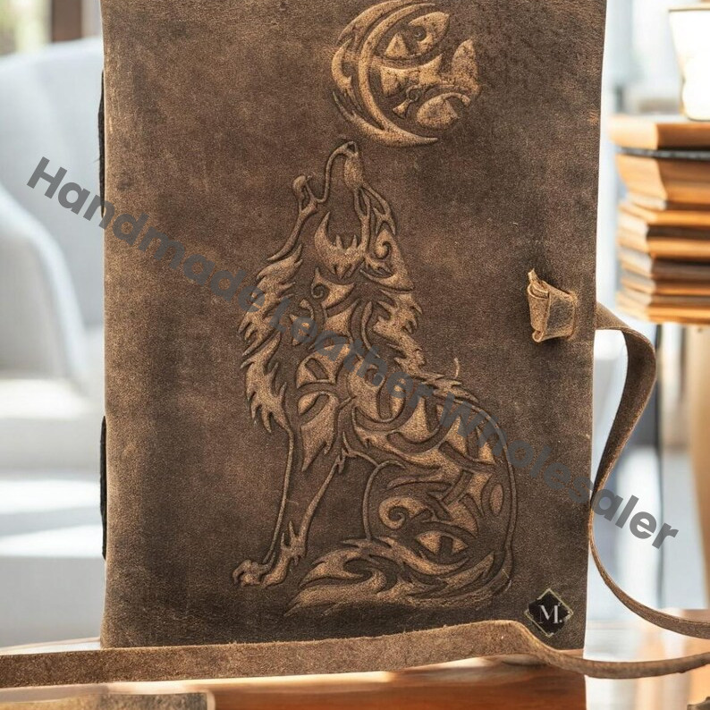 Wolf Embossed Leather Journal, Handmade Deckle Edge Paper