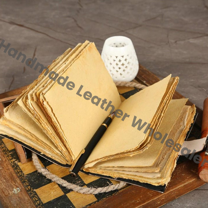 Wolf Embossed Leather Journal - Lapis Lazuli Stone, Antique Deckle edge Paper