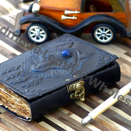 Wolf Embossed Leather Journal - Lapis Lazuli Stone, Antique Deckle edge Paper