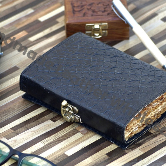 Wolf Embossed Leather Journal - Lapis Lazuli Stone, Antique Deckle edge Paper