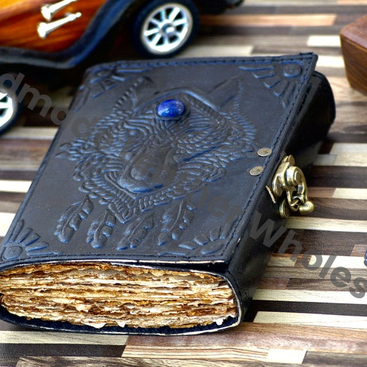 Wolf Embossed Leather Journal - Lapis Lazuli Stone, Antique Deckle edge Paper