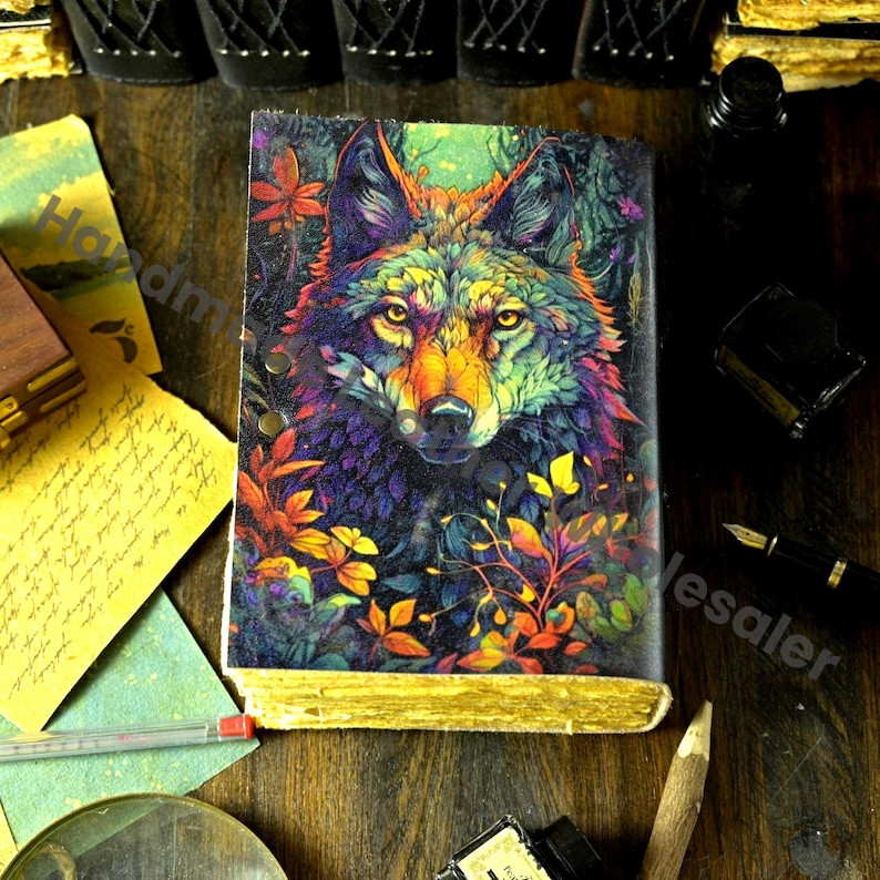 Wolf Grimoire Leather Journal: Handmade Celtic Notebook with Deckle Edge Paper