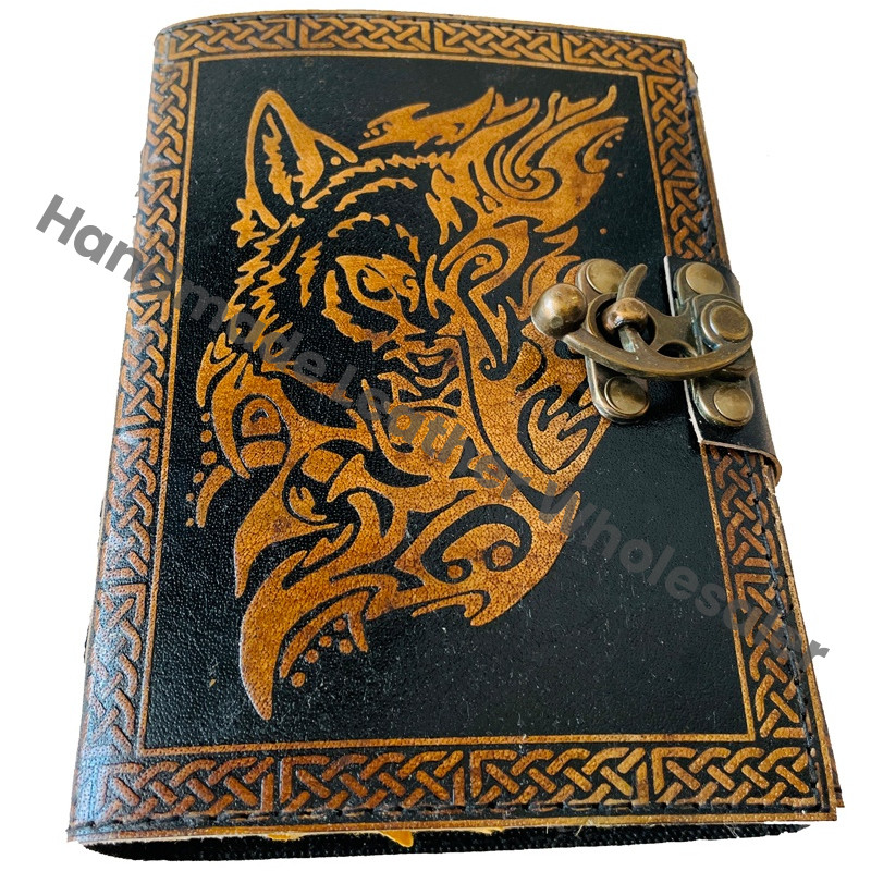 Wolf Leather Hardcover Journal Recyclable Handmade Paper Vintage Embossed Design Custom Logo Gift Packing Traveler Diary