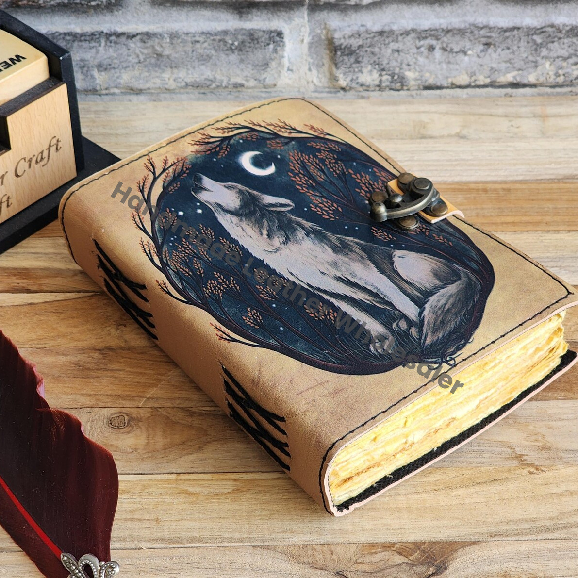 Wolf Leather Journal, A5 Grimoire with Lock & Deckle Edge Pages