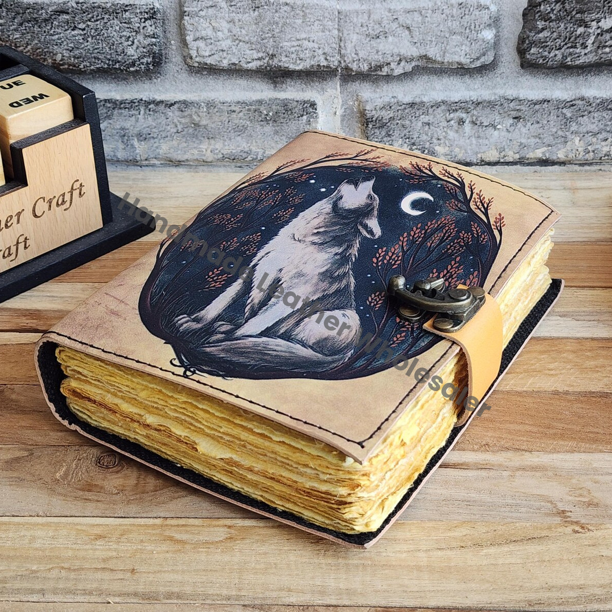 Wolf Leather Journal, A5 Grimoire with Lock & Deckle Edge Pages