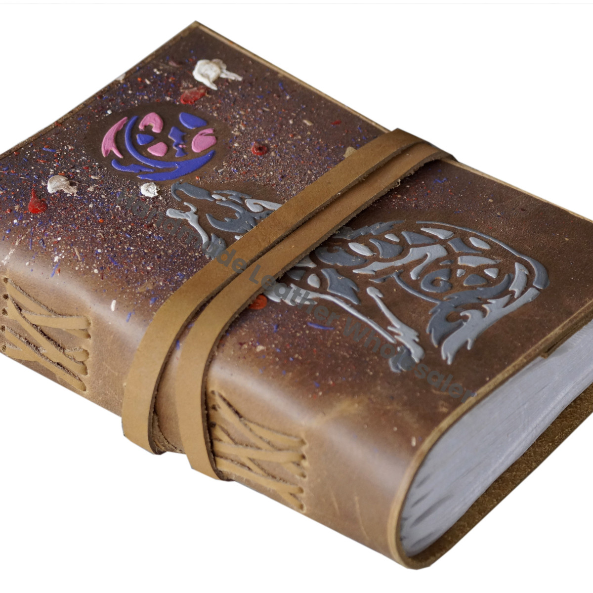 Wolf Leather Journal Water Color Embossed Handmade Soft Leather Cover Saddle Stitching Daily Use Gift for Men Women