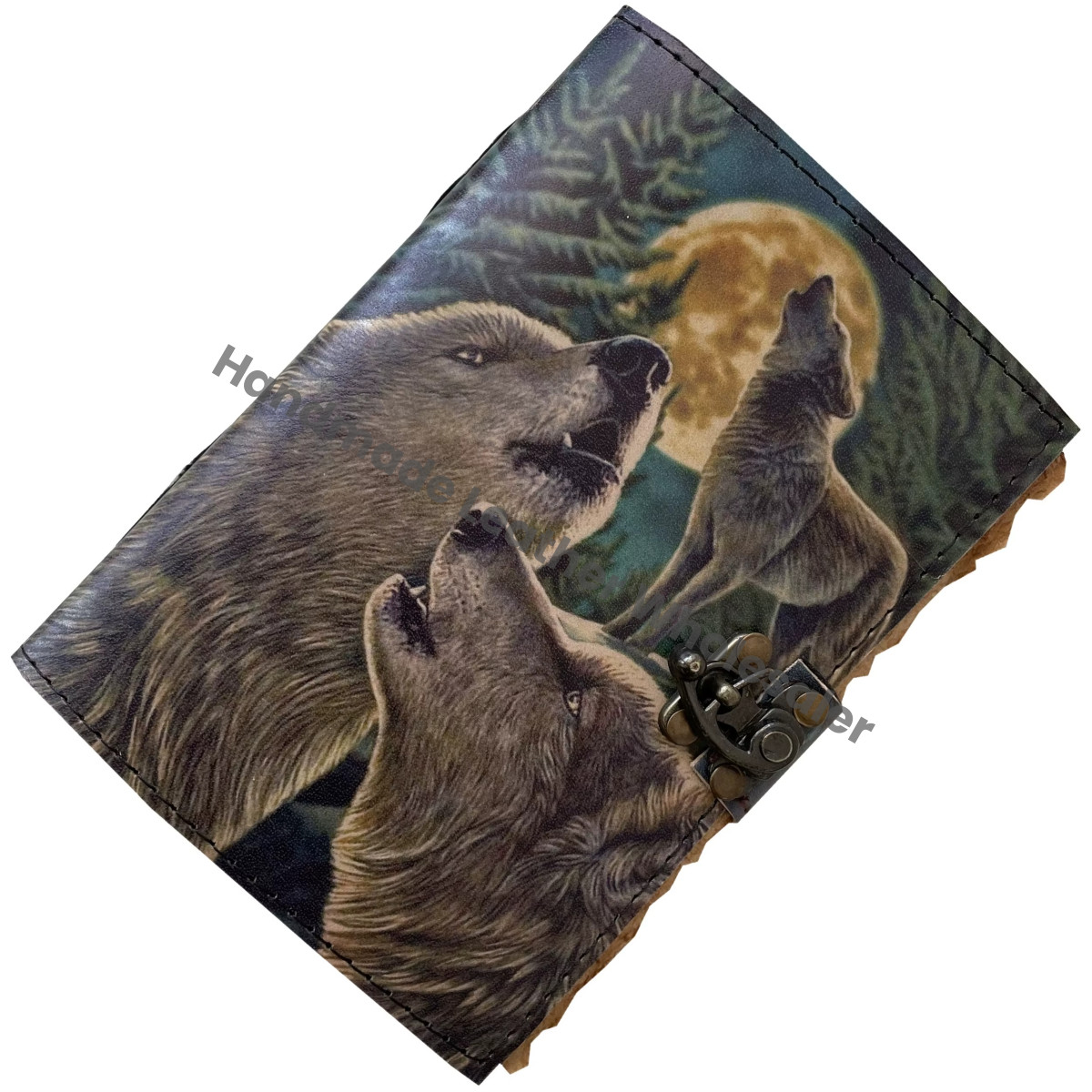 Wolf Leather Printed Style Design Handmade Journal Eco-friendly Paper Notebook Sketchbook Saddle Stitching