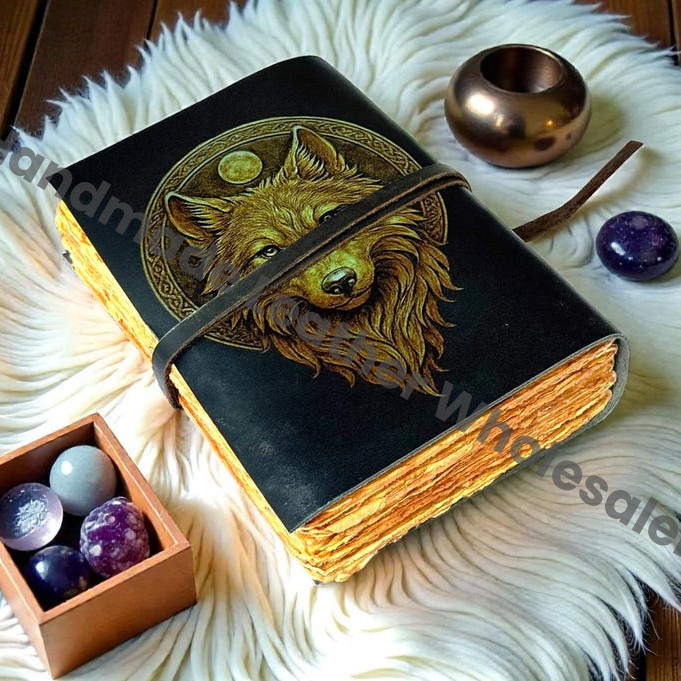 Wolf Print Handmade Vintage Leather Journal: Blank Spell Book of Shadows, for Sketching, Writing personalized gifts for women