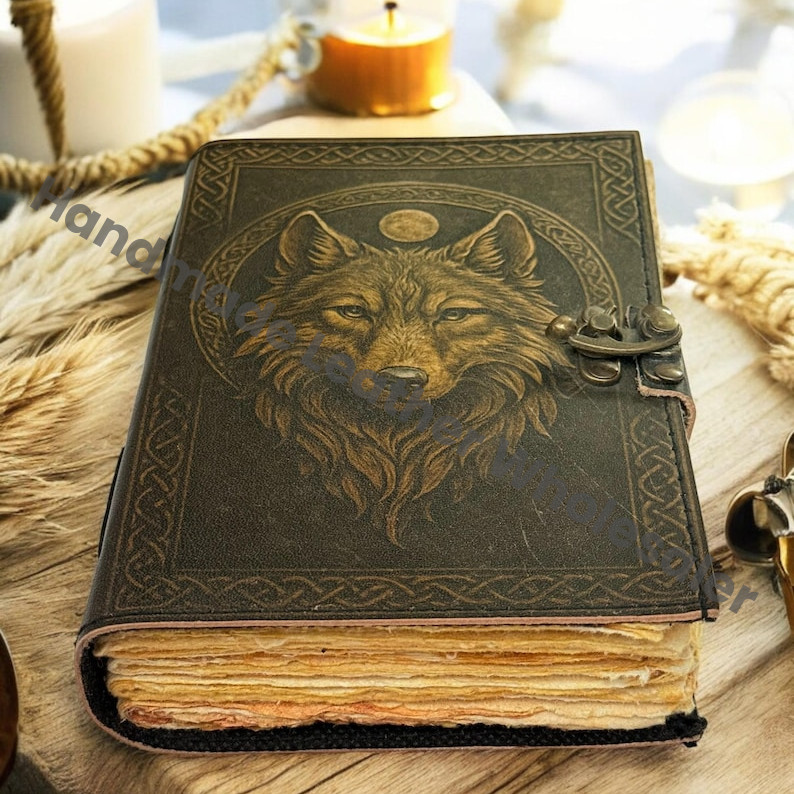 Wolf Print Handmade Vintage Leather Journal: Blank Spell Book of Shadows, for Sketching, Writing personalized gifts for women