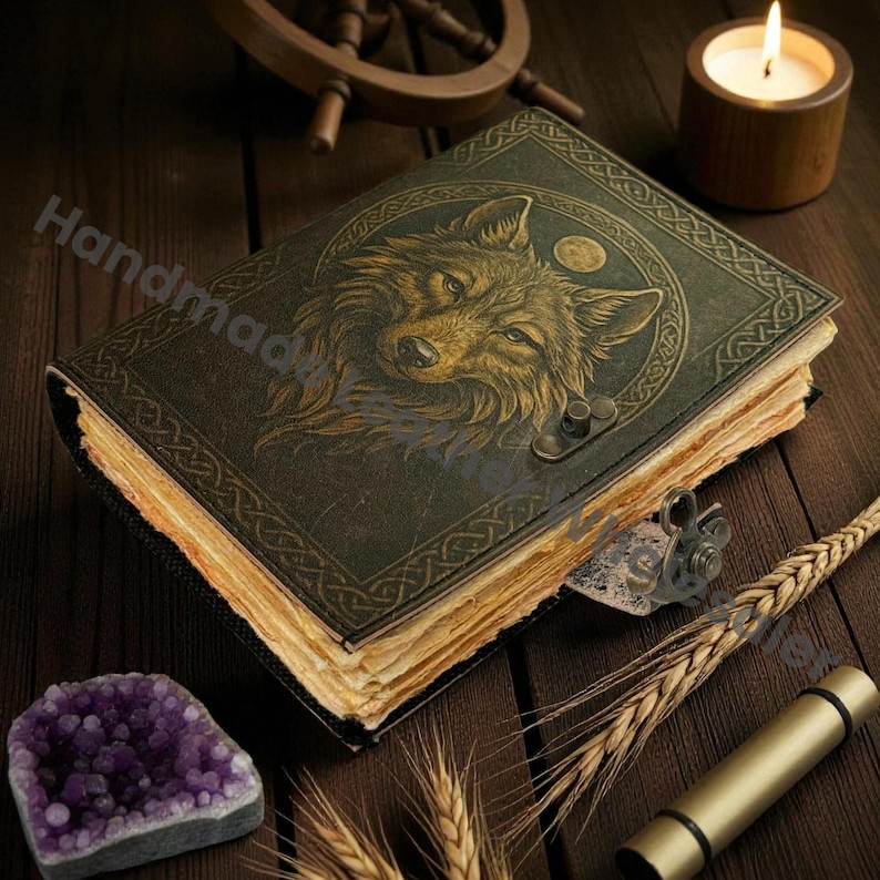 Wolf Print Handmade Vintage Leather Journal: Blank Spell Book of Shadows, for Sketching, Writing personalized gifts for women