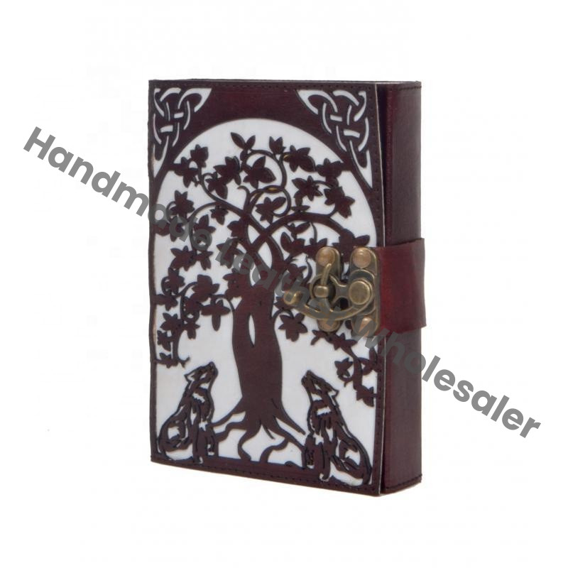 Wolf Tree Design Thermal Binding Hand-Tool New Cut Work Brown White Leather Cover Classic Address Book Vintage