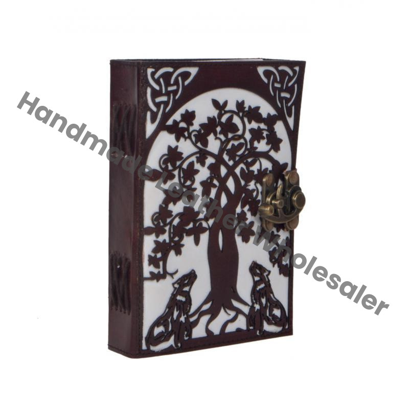 Wolf Tree Design Thermal Binding Hand-Tool New Cut Work Brown White Leather Cover Classic Address Book Vintage