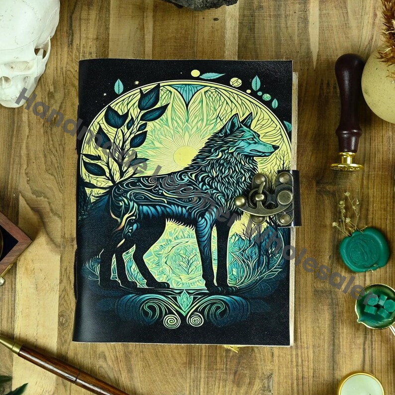 Wolf Vintage Handmade leather Journal, Grimoire Fat journal Blank spell book of shadows Christmas Celestial Gifts For Him Her.